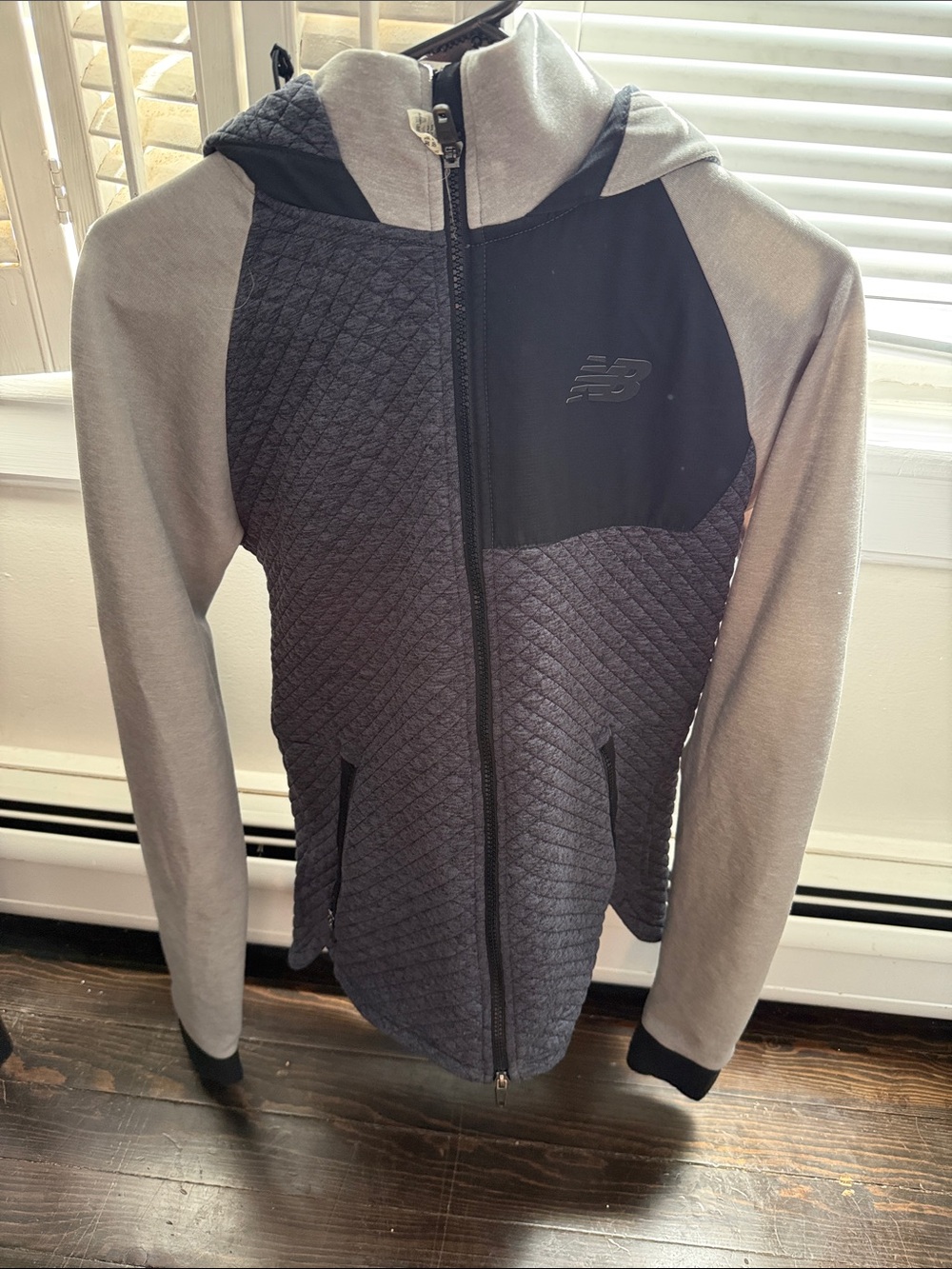 New Balance Quilted Hoodie Jacket in Charcoal and Light Gray